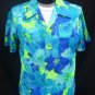 Vintage 70s Mens Pomare Hawaii Blue and Green Cotton Barkcloth Aloha Hawaiian Shirt - Size L