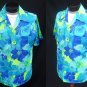 Vintage 70s Mens Pomare Hawaii Blue and Green Cotton Barkcloth Aloha Hawaiian Shirt - Size L