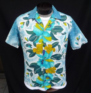 Vintage 50s Mens Reef Border Print Cotton Barkcloth Loop Collar Hawaiian Shirt Metal Buttons M
