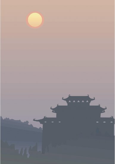 Asian Temple Sunset Vector Art on Canvas