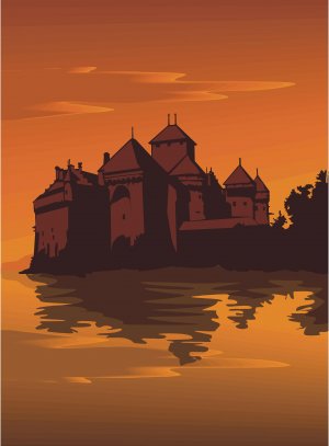 Swiss Castle Sunset Vector Art on Canvas