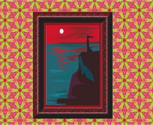 Ocean Cliff Sunset Vector Art on Canvas