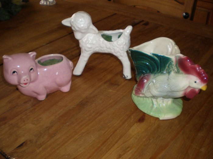 vintage animal planters rooster, lamb and pig