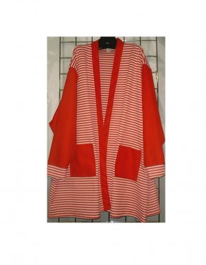 7X - Cardigan w/ Pockets - STRIPED W/ RED TRIM