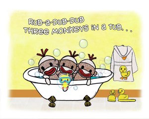 ART PRINT 7x5 Rub A Dub Dub Sock Monkeys in a Tub (Personalization also available)