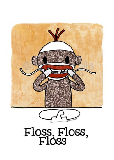 FLOSS FLOSS FLOSS Sock Monkey Bath Room Reminders 4 x 6 print