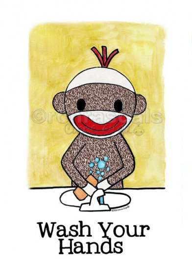 WASH YOUR HANDS Sock Monkey Bath Room Reminders 4 x 6 print
