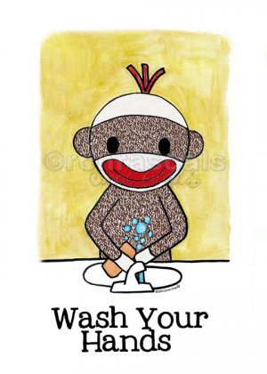 WASH YOUR HANDS Sock Monkey Bath Room Reminders 4 x 6 print