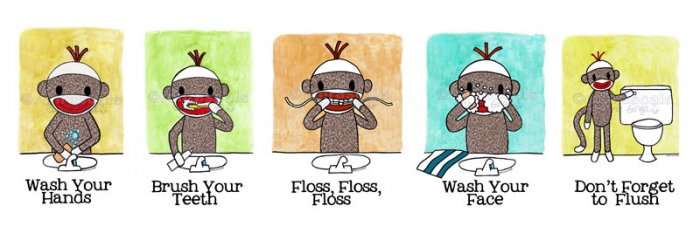 Sock Monkey Bath Room Reminders 18 x 6 Panel print (all 5)