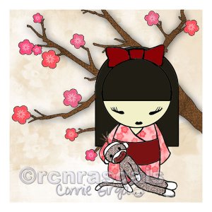 ART PRINT 8 x 8 Kokeshi Girl and Sock Monkey