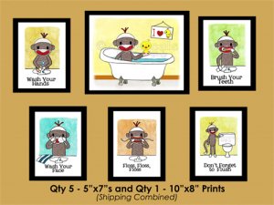 5-5x7's and 1-8x10 - combined shipping Sock Monkey Bathroom Series
