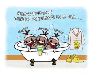 Sock Monkeys in a Tub - Rub A Dub Dub ART PRINT 10x8 (Personalized with your children's names)
