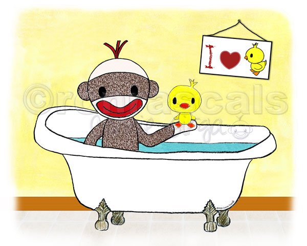 Sock Monkey and Duckie Bath tub 5 x 7 ART PRINT (available in different wall backgrounds)