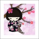 Kokeshi Doll Girl and Sock Monkey ART PRINT 5 x 5 (Dark kimono)