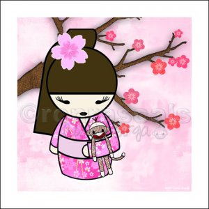Kokeshi Doll Girl and Sock Monkey ART PRINT 8 x 8 (SM03-pinks/pony tail)