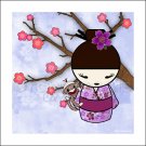 Kokeshi Doll Girl and Sock Monkey ART PRINT 8 x 8 (SM04-lavendars/bun)