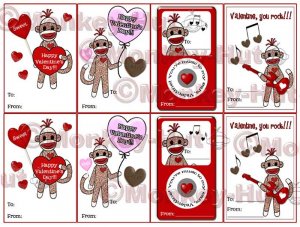 SOCK MONKEY Valentines Printable - Eight Mini Cards - 2.5 x 3.5 - in PDF format