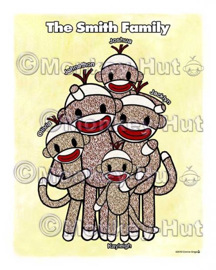Sock Monkey Family Portrait PERSONALIZED Art Print 8x10 - your choice of number of children