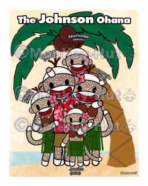 Sock Monkey Hawaiian Family Ohana Portrait PERSONALIZED 8x10 Art Print