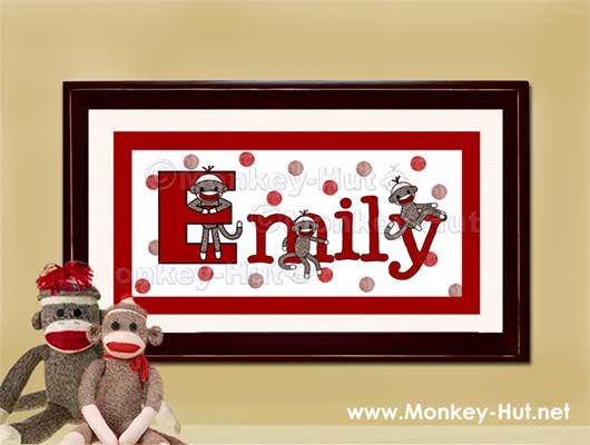 Sock Monkey Personalized Kid and Baby Wall Art 10x20 unframed