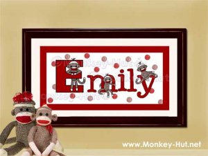 Sock Monkey Personalized Kid and Baby Wall Art 10x20 unframed