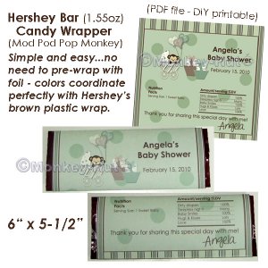 Monkey Personalized Baby Shower Hershey Bar Candy Wrappers (1.55 oz) printable