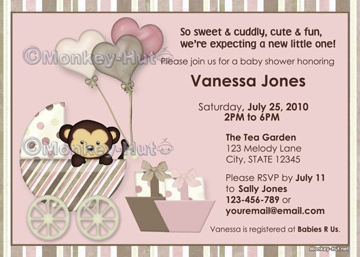 Monkey Baby Shower Invitation carriage pink MPP-P (DIGITAL)