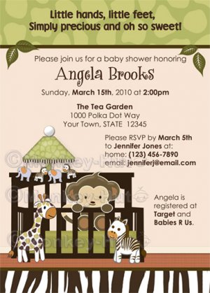 Jungle Monkey Baby Shower Invitation crib Original Beige/Green colors CA-C (DIGITAL)