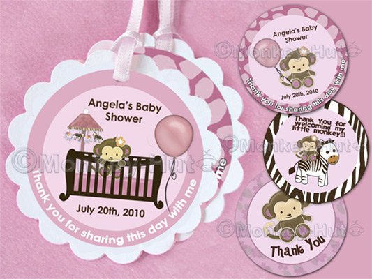 Monkey Baby Shower Tags (favor, cupcake topper) circle OR square