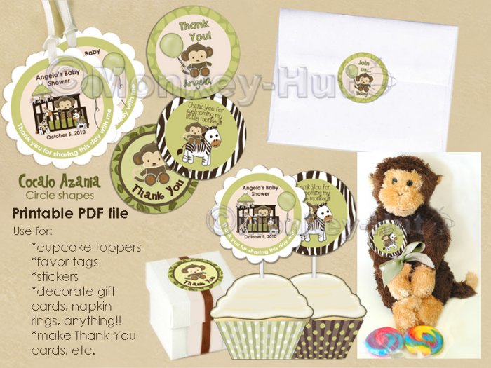 Jungle Monkey Baby Shower Tags (favor, cupcake topper) circle shape