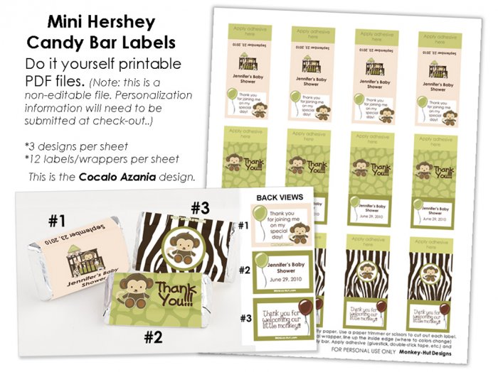 Jungle Monkey Personalized BABY SHOWER mini candy wrapper wrappers favor favors