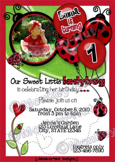 Sweet Ladybug Lovebug Birthday Invitation red black girl (DIGITAL)