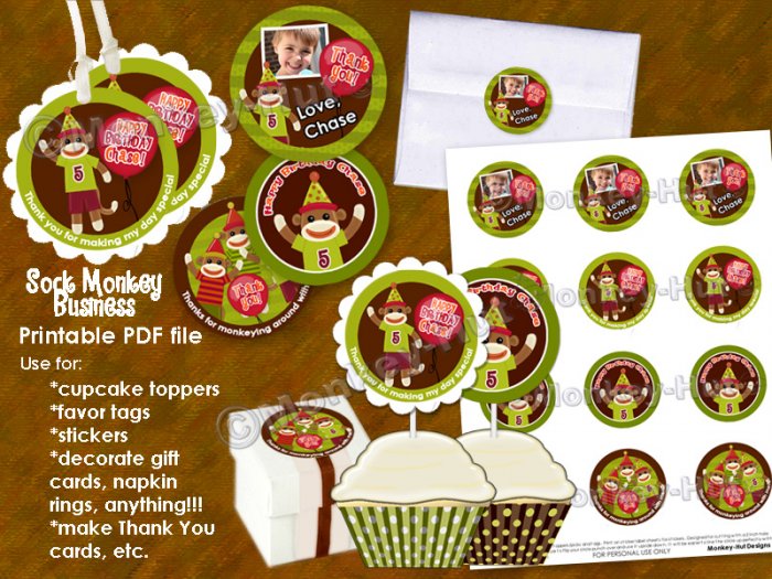 Sock Monkey Party Tags (favor, cupcake topper) personalized circle shape photo