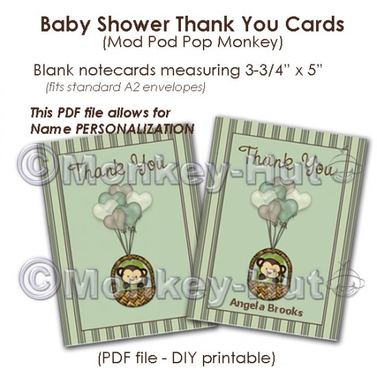 Monkey Baby Shower Thank You card cards PDF printable DIY