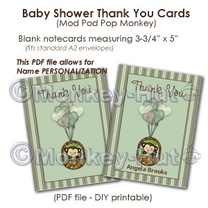 Monkey Baby Shower Thank You card cards PDF printable DIY