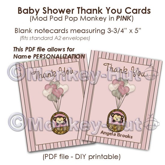 Monkey Baby Shower Thank You card cards PDF printable DIY - PINK