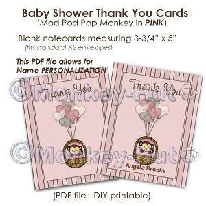 Monkey Baby Shower Thank You card cards PDF printable DIY - PINK