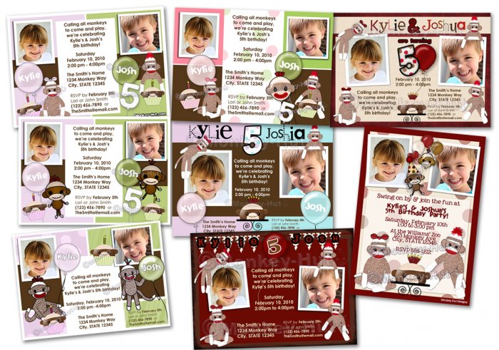 Sock Monkey Birthday TWINS Invitation invite Digital File (choose from 8)