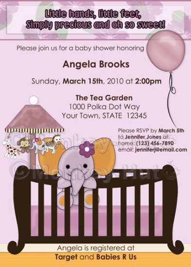 ELEPHANT Baby Shower invitation crib Orchid lavender/pink/purple CJE-O (DIGITAL)