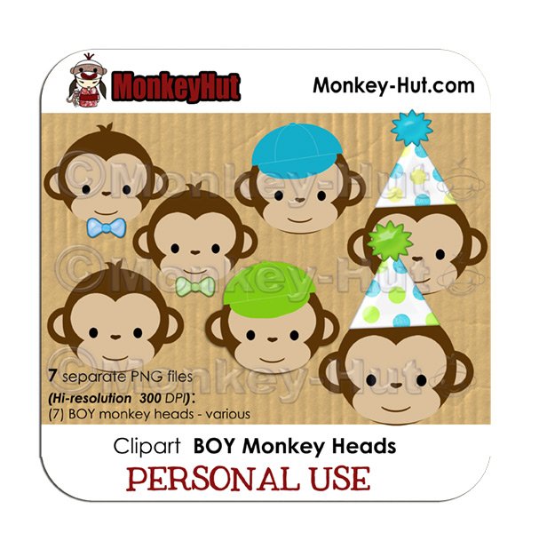 Monkey clip art birthday BOY heads blue yellow green