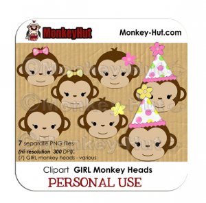 Monkey clip art birthday GIRL heads pink yellow green