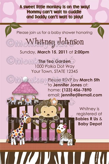 Jungle Monkey Baby Shower Invitation crib Orchid lavenders/pinks CA-O (DIGITAL)