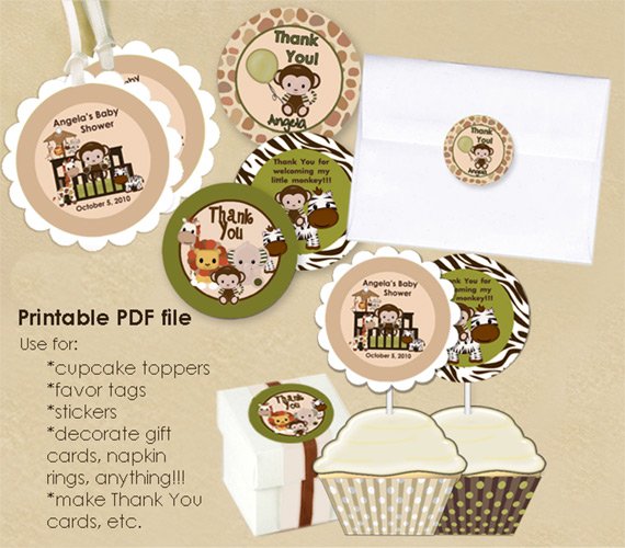 Monkey Personalized Baby Shower Tags (favor, cupcake topper) circle shape (CN jungle safari)