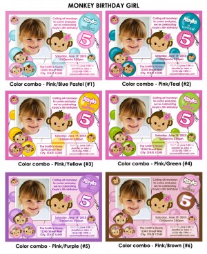 Monkey Girl Birthday Invitation Digital (several colors available)