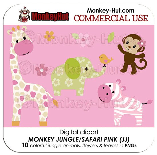 Monkey Jungle Safari Animals Pink Clip Art (JJ) COMMERCIAL USE