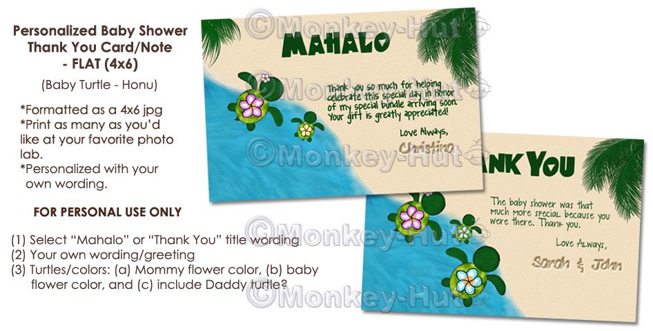 PERSONALIZED Baby Shower Honu (Baby Turtle) Thank You card FLAT 4x6 format (DIGITAL FILE)