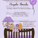 Jacana Elephant Baby Shower Invitations CJE-Pur / PURPLE monkey elephant zebra / DIGITAL INVITATION