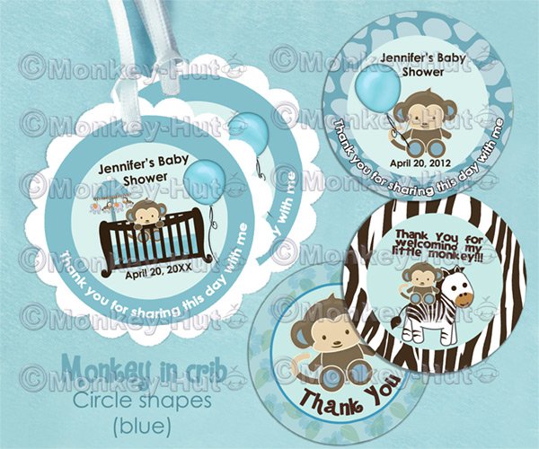 Monkey Crib Baby Shower Tags - BLUE (favor, cupcake topper) circle shapes