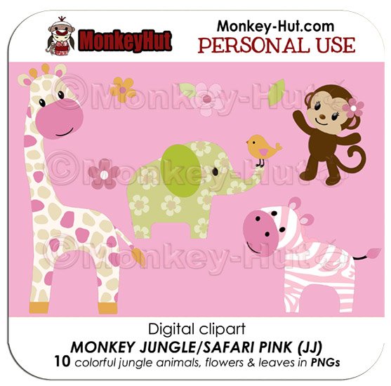 Monkey Jungle Safari Animals Pink Clip Art (JJ) PERSONAL USE