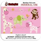 Monkey Jungle Safari Animals Pink Clip Art (JJ) PERSONAL USE